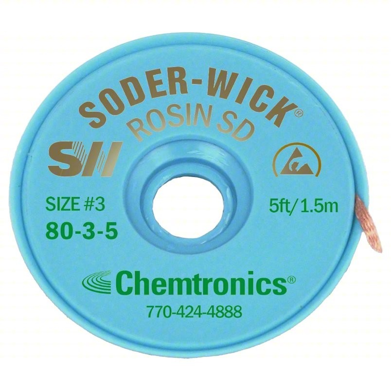 CHEMTRONICS Desoldering Braid: Rosin Flux, 80-3-5  # 3, 0.08 in, 5 ft, Green