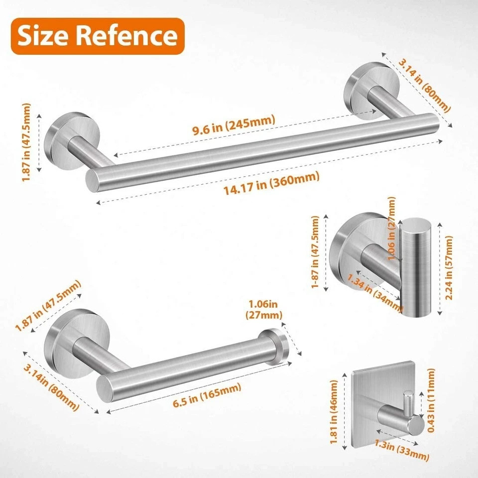 6 Peice Bathroom Hardware Accessories Set Towel Bar Set Stainless steel Silver