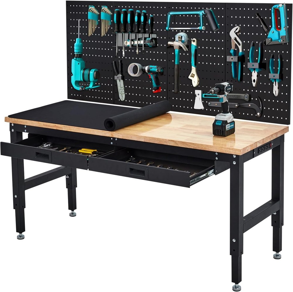 60 Inches Workbench Adjustable Height Work Bench w/ 2Drawers Pegboard Pad 3000LB