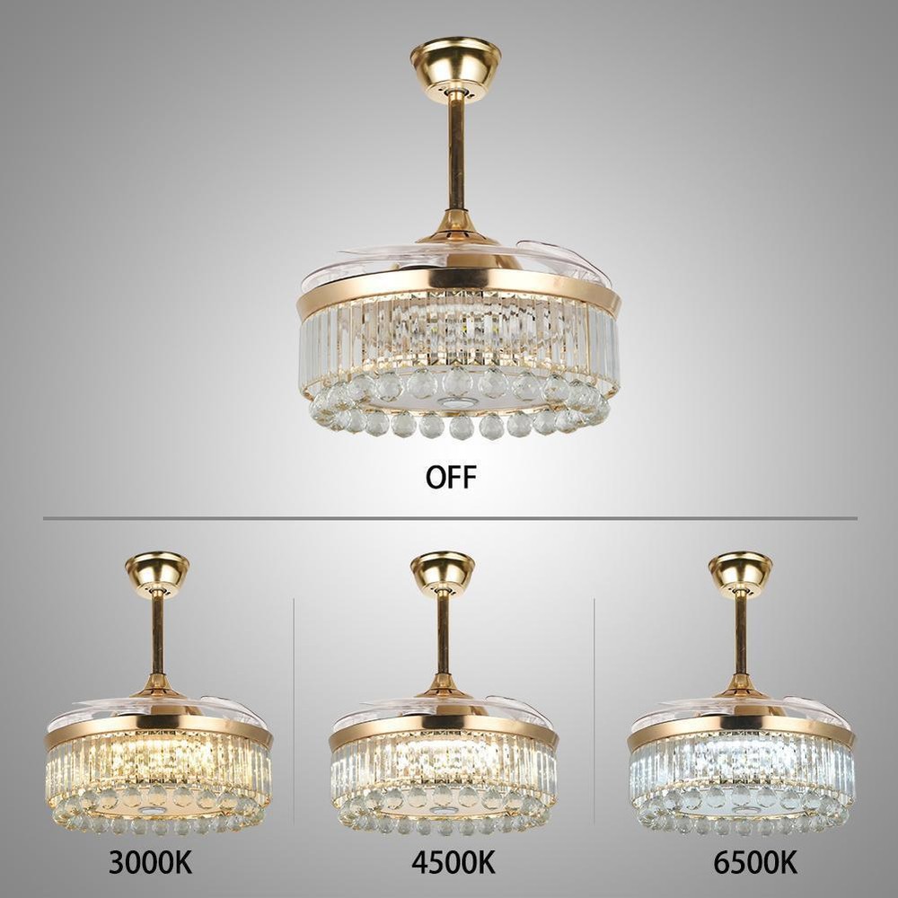 Luxury Crystal Multicolored Bluetooth Fan Lamp with Ceiling Light for Home