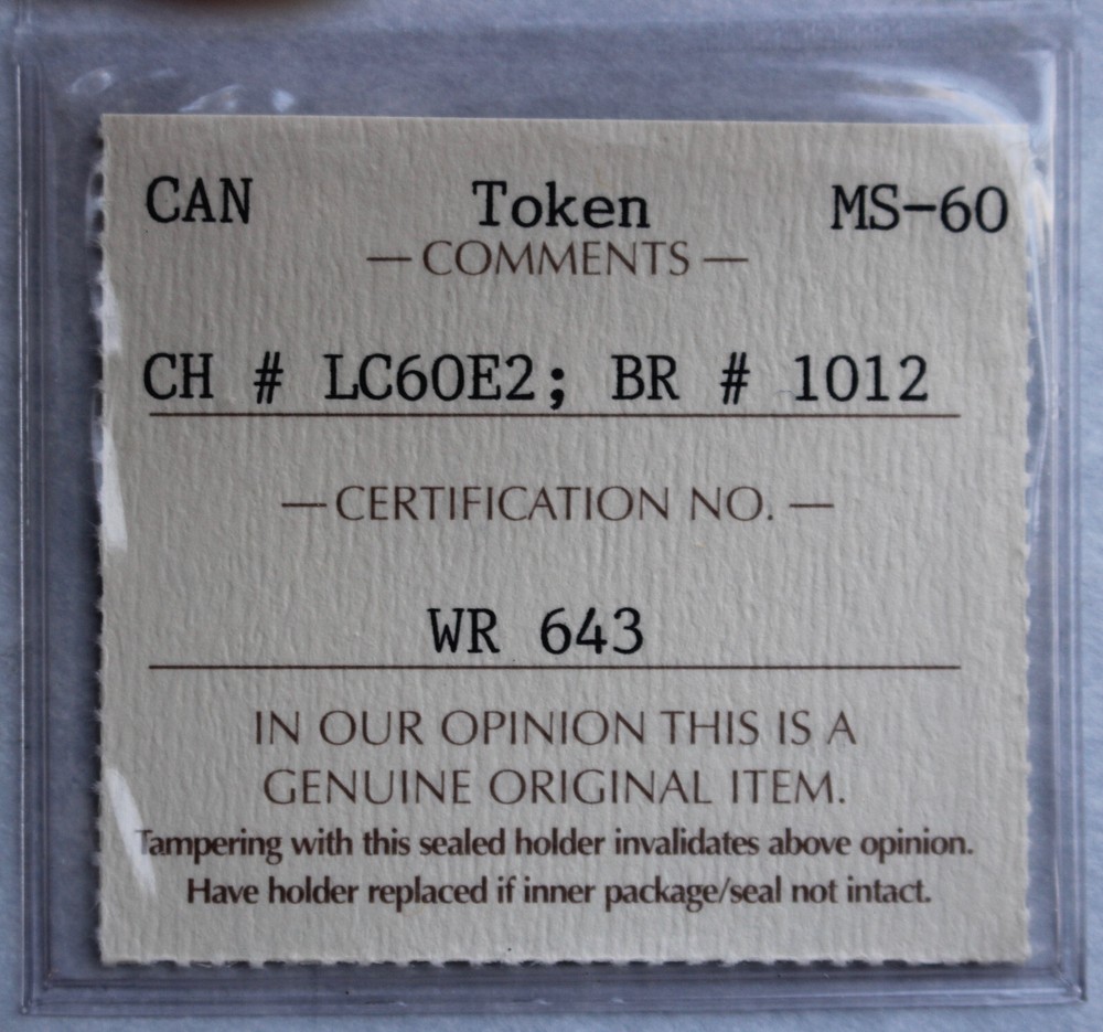 1820 Lower Canada BUST & HARP TOKEN CH#LC60E2 - BR# 1012 - ICCS MS-60