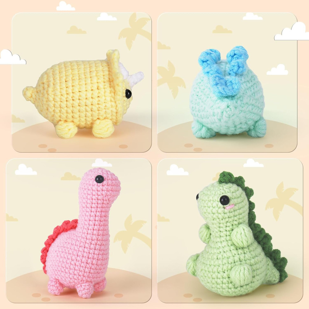 Beginner Crochet Kit with Video Tutorials - 4 Pack Dinosaur Patterns