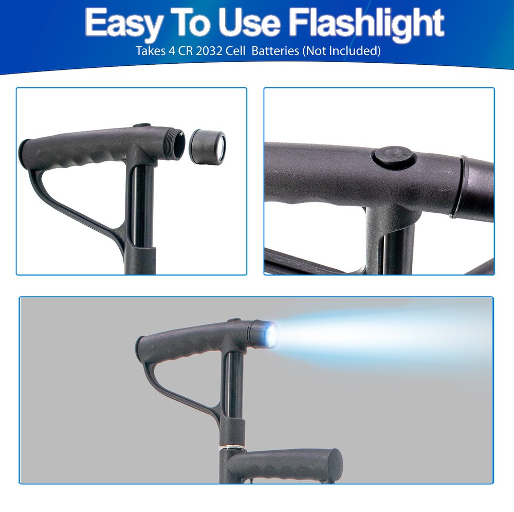 Walking Cane w LED Light 2nd Rotating Support Handle Folding Self Standing Base