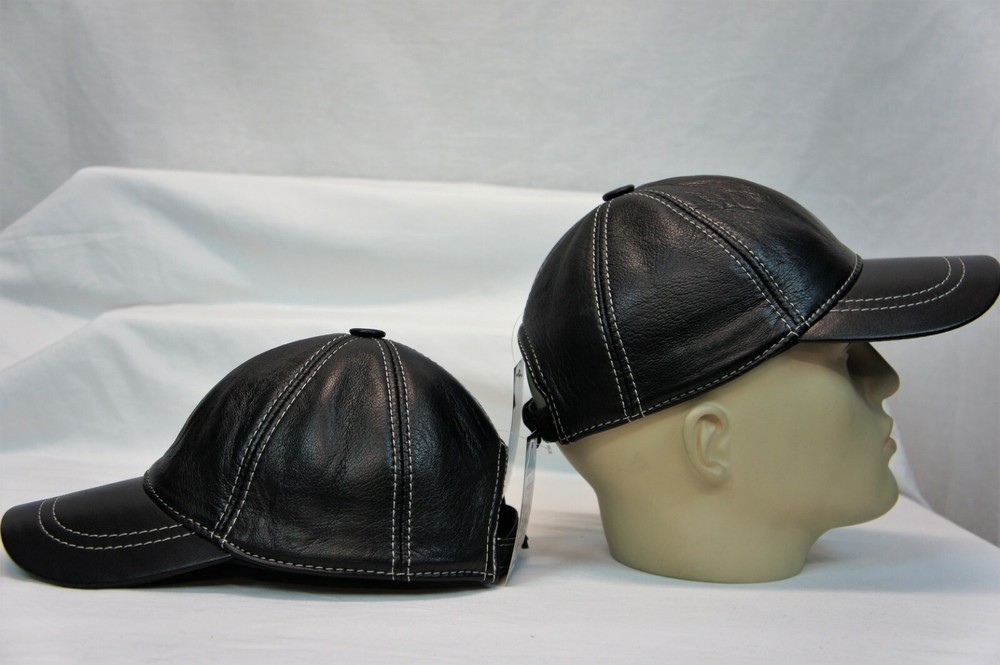 Black 100% Genuine Real Lambskin Leather Baseball Cap Hat Visor WHITE THREAD NWT