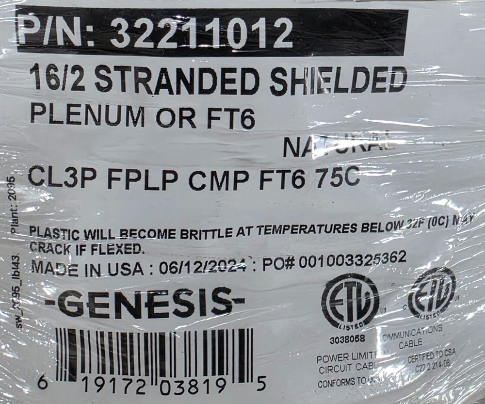 Southwire Genesis Cable 3221 16/2C Shielded Security/Alarm Plenum White /100ft