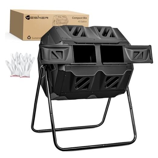 Dual Chamber Compost Bin Outdoor, 43 Gallon Rotating Tumbling Composter with