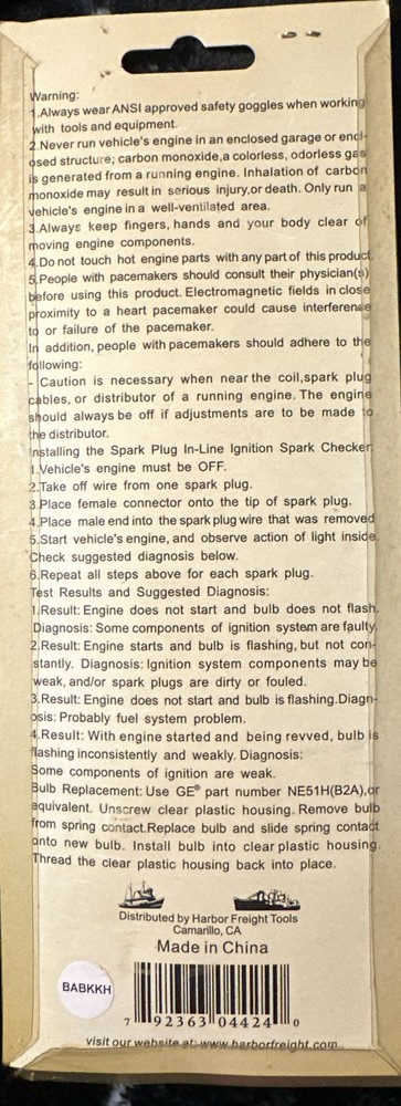 In-Line Ignition Spark Checker From Harbor Freight (Item. 04424) New