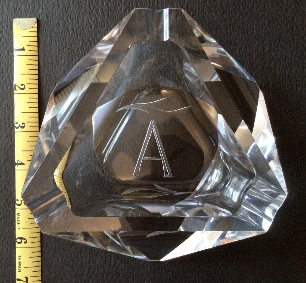 Mid Century Modern 6” Geometric Triangular Crystal Ashtray Engraved No Chips