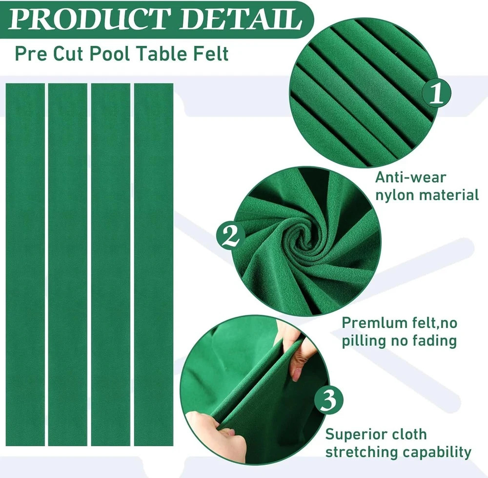 Complete Pool Table Replacement Felt with 6 Strips & Rubber Bumpers - Green