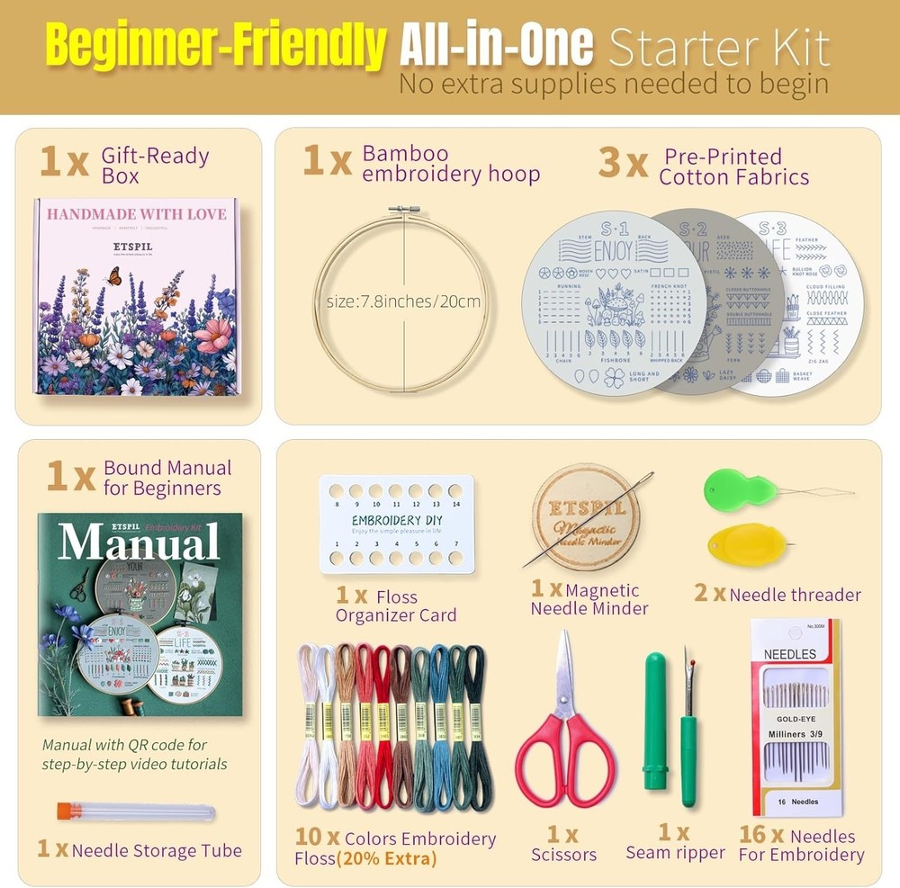 Embroidery Kit for Beginners, Easy Step-by-Step 4K Video Tutorials for Adults...