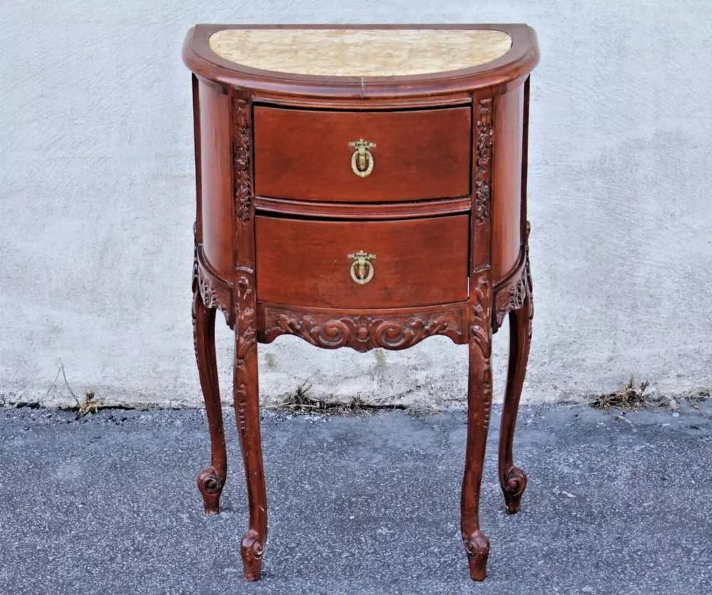 French Provincial Bedside Table - Demilune, Marble Top, Fully Refinished
