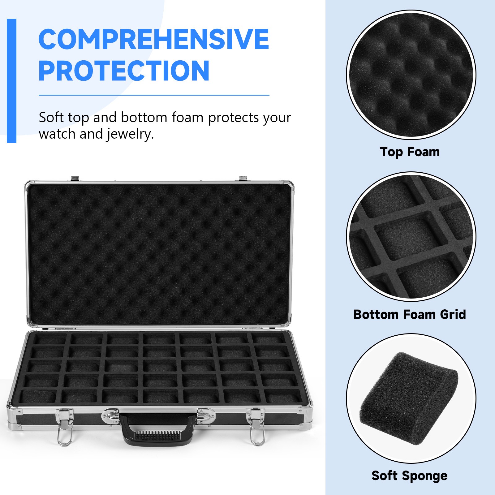 35 Slots Large Watch Organizer Box Aluminum Lockable Jewelry Storage Suitcase