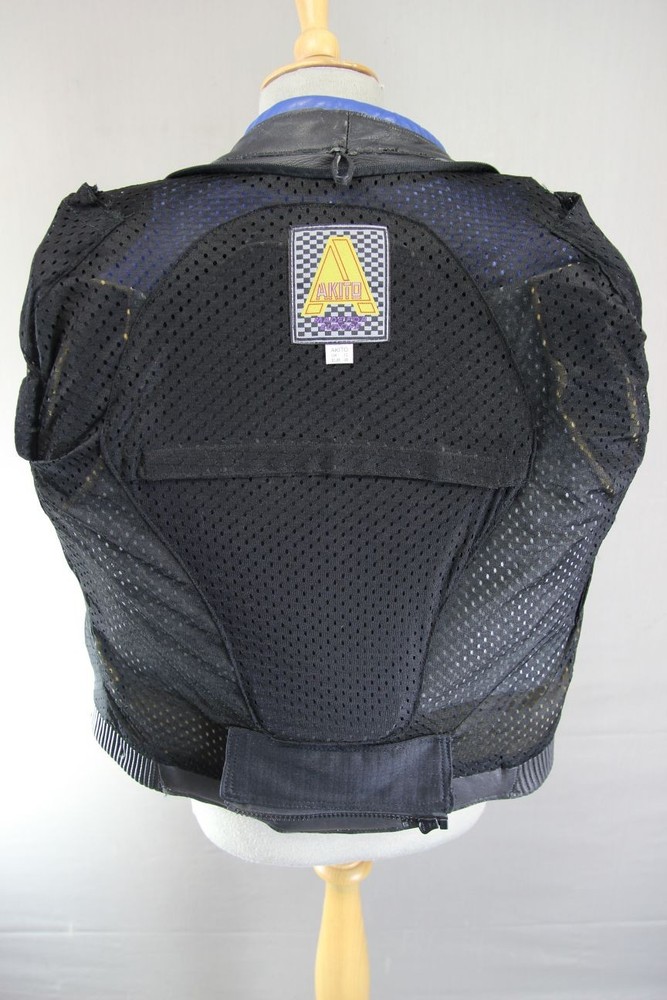 AKITO BLACK, BLUE & SILVER LEATHER BIKER JACKET WITH PROTECTORS: SIZE 12