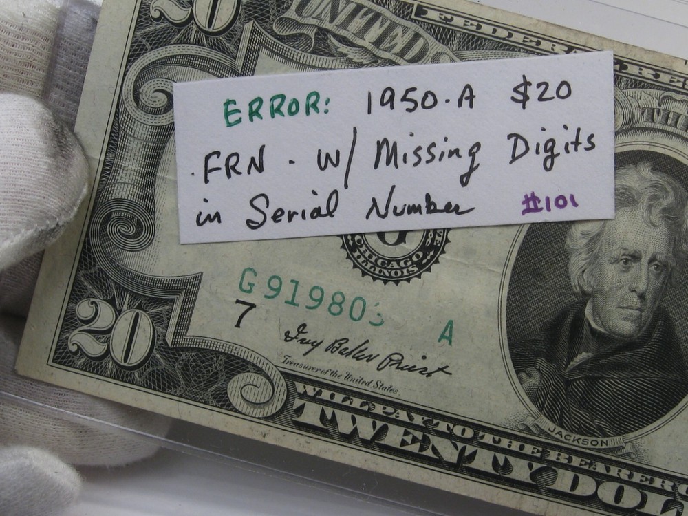 ERROR Note:1950-A $20 FRN w/ Missing Serial Numbers - Print over Foreign Object.