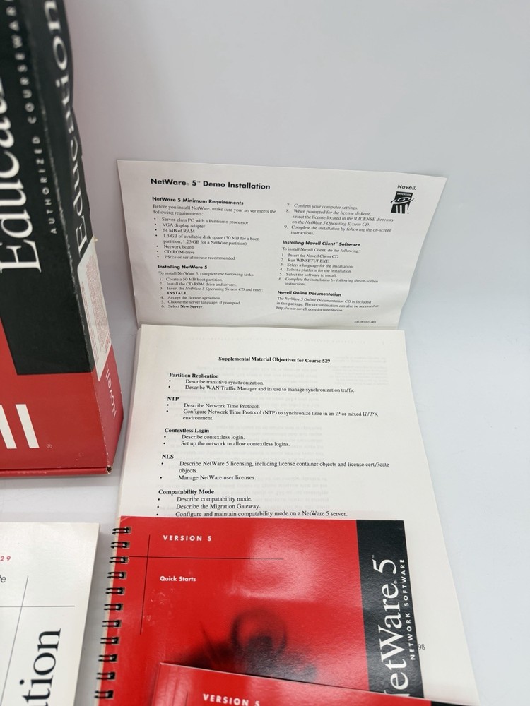 NOVELL NETWARE 5 Educational Student Set W/ BOOKS, CDs, Paperwork & Box