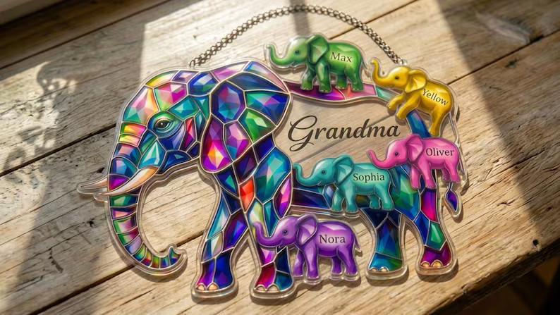 Personalized Elephant Family Acrylic Suncatcher