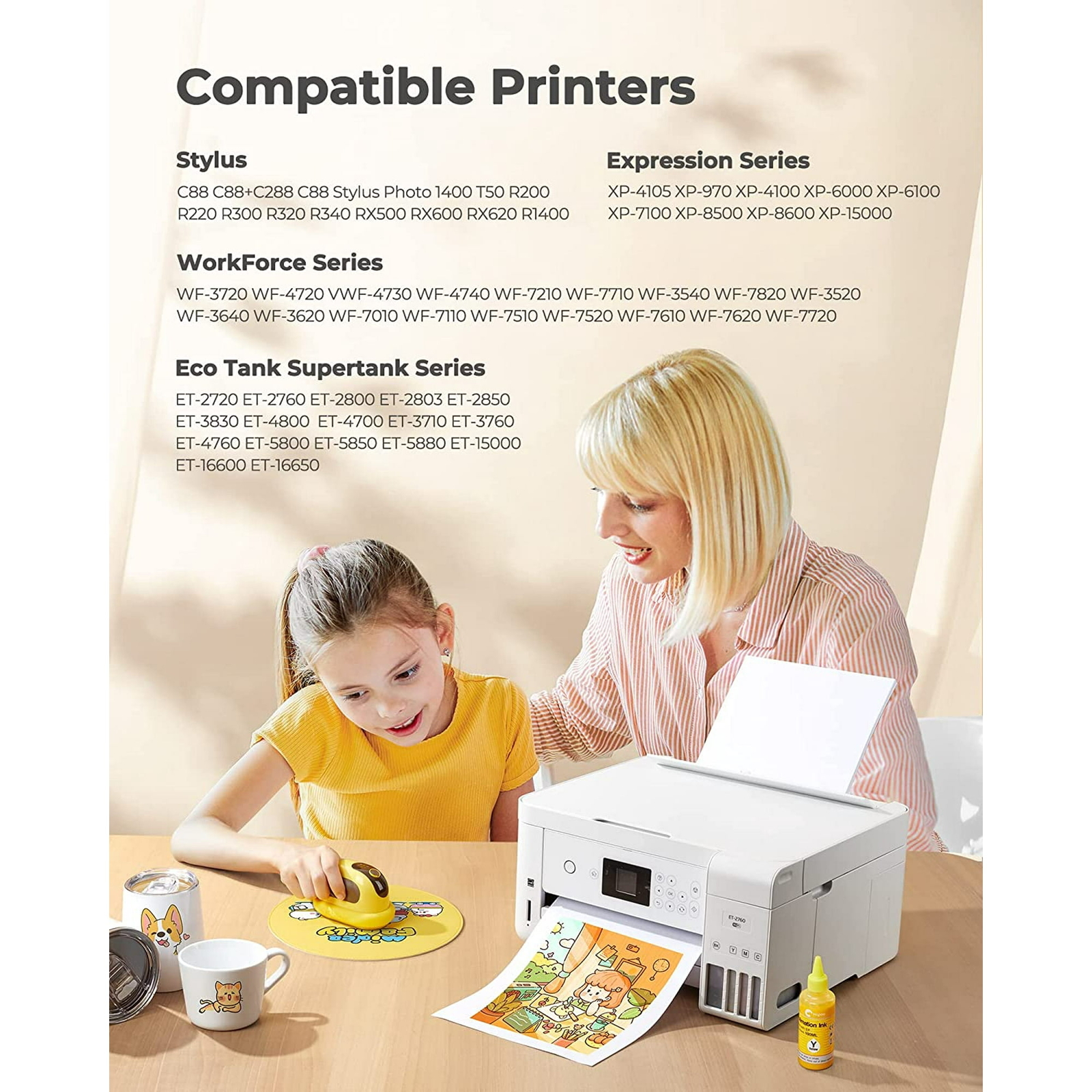 Hiipoo 4 Pack Sublimation Ink Refilled for ET2400 ET2720 ET2760 ET-2803 XP4100