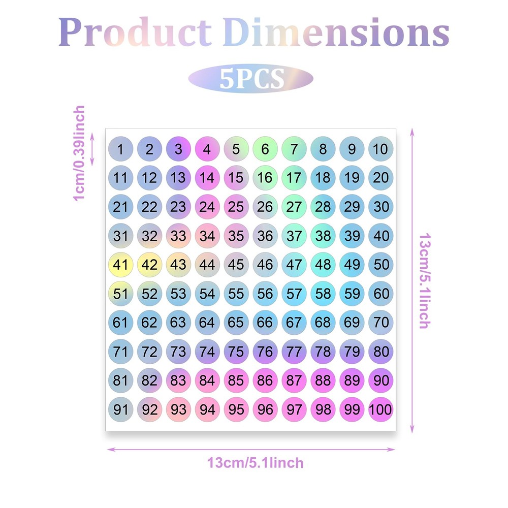 5 Sheets Round Reflective Numbered Sticker Small, Color Multicolor