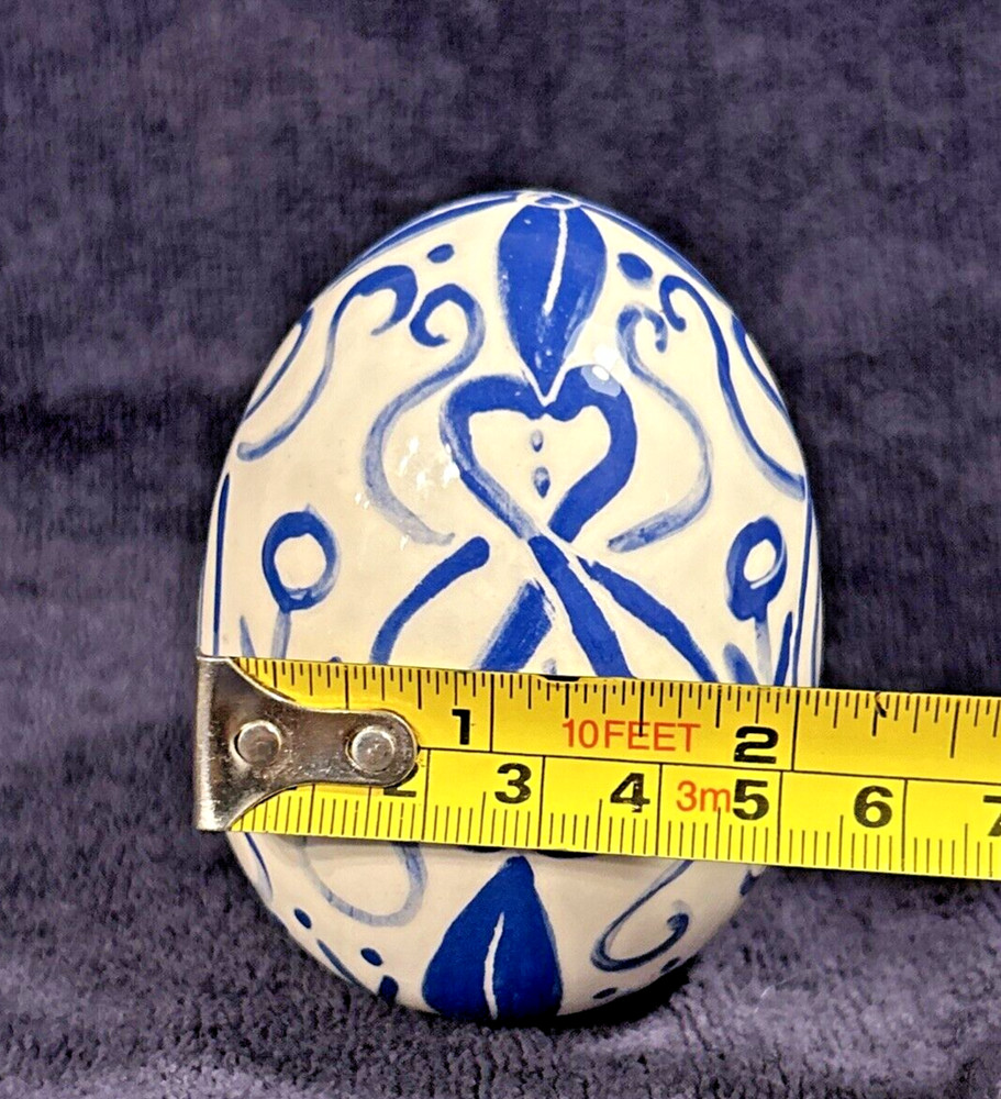 Ceramic Egg Small Folk Art Glazed Blue on White