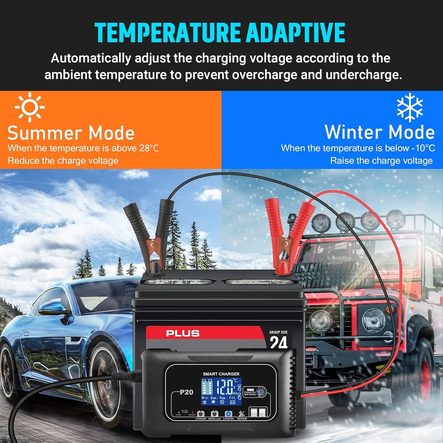 20-Amp Smart Battery Charger,12V/20A and 24V/10A.Lithium,Lifepo4,Lead-Acid(AGM/G