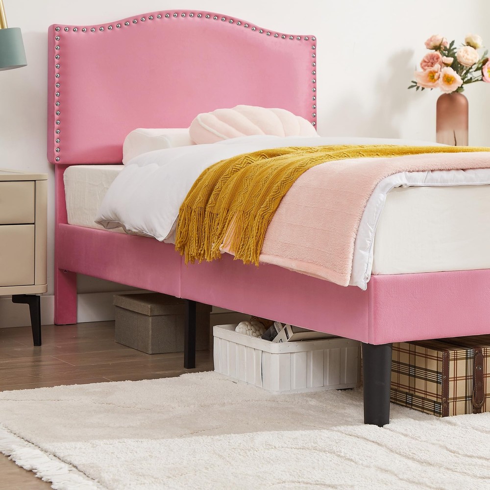 Twin Bed Frame, Platform Bed Frame with Adjustable Height Upholstered Headboa...