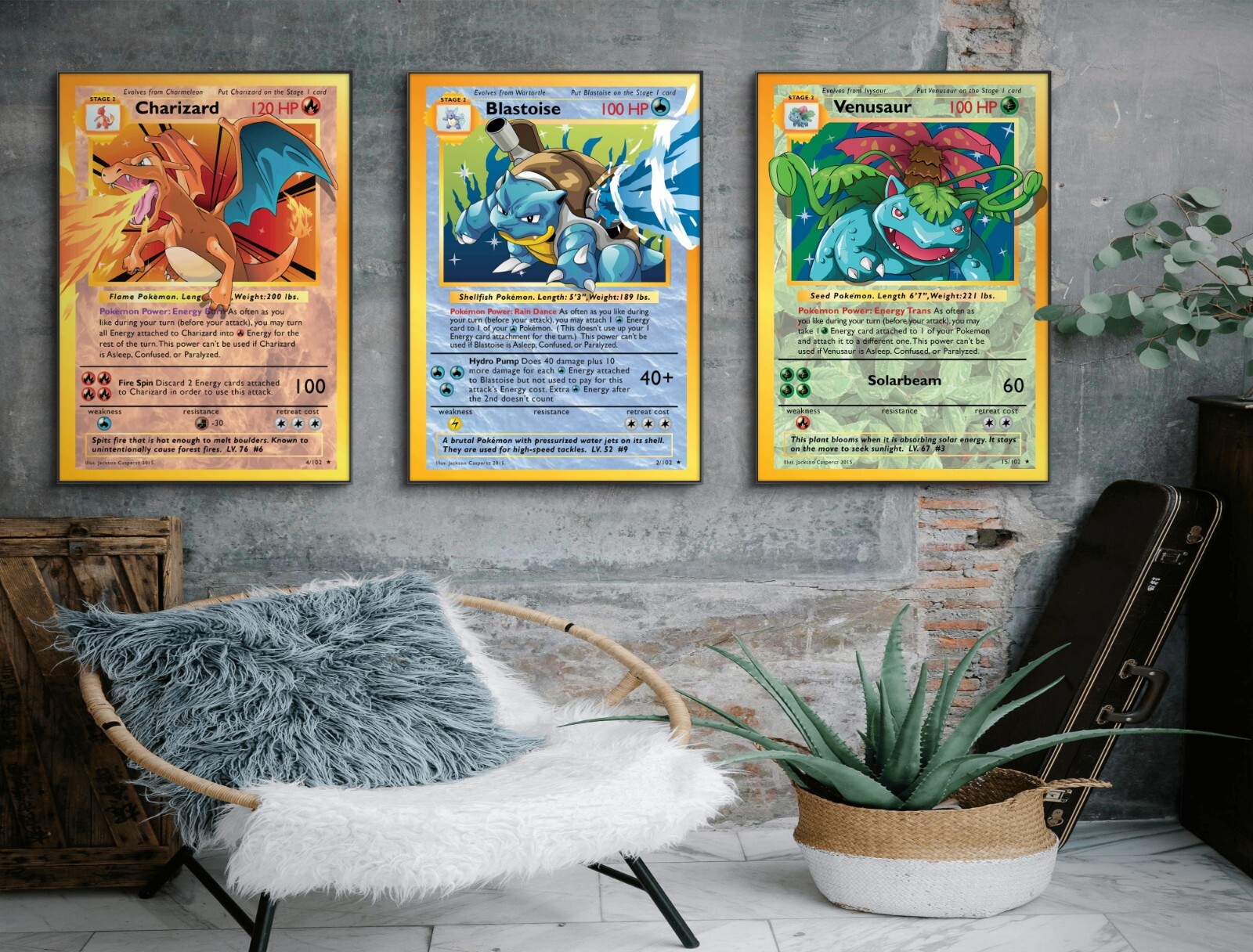 Set of 3 Starter Pokemon TCG Art piece canvas wall home decor Portrait Gallery