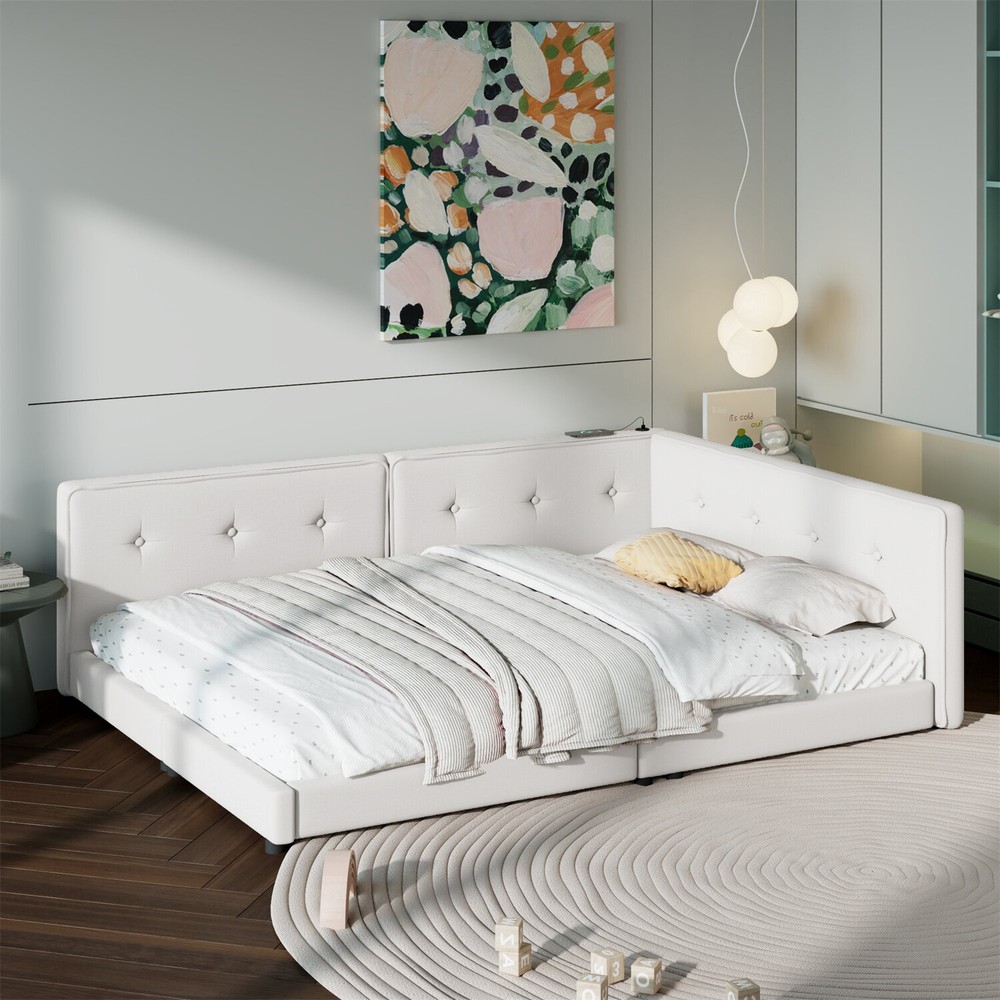 Full/Queen Size Bed Frame Upholstered Platform Bed with USB Ports Beige/Blue US