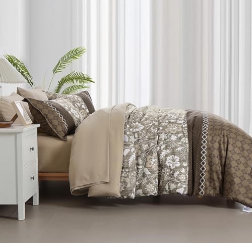 Comforter Set 7 Pieces Bed in a Bag Floral Patchwork Soft Queen Brown