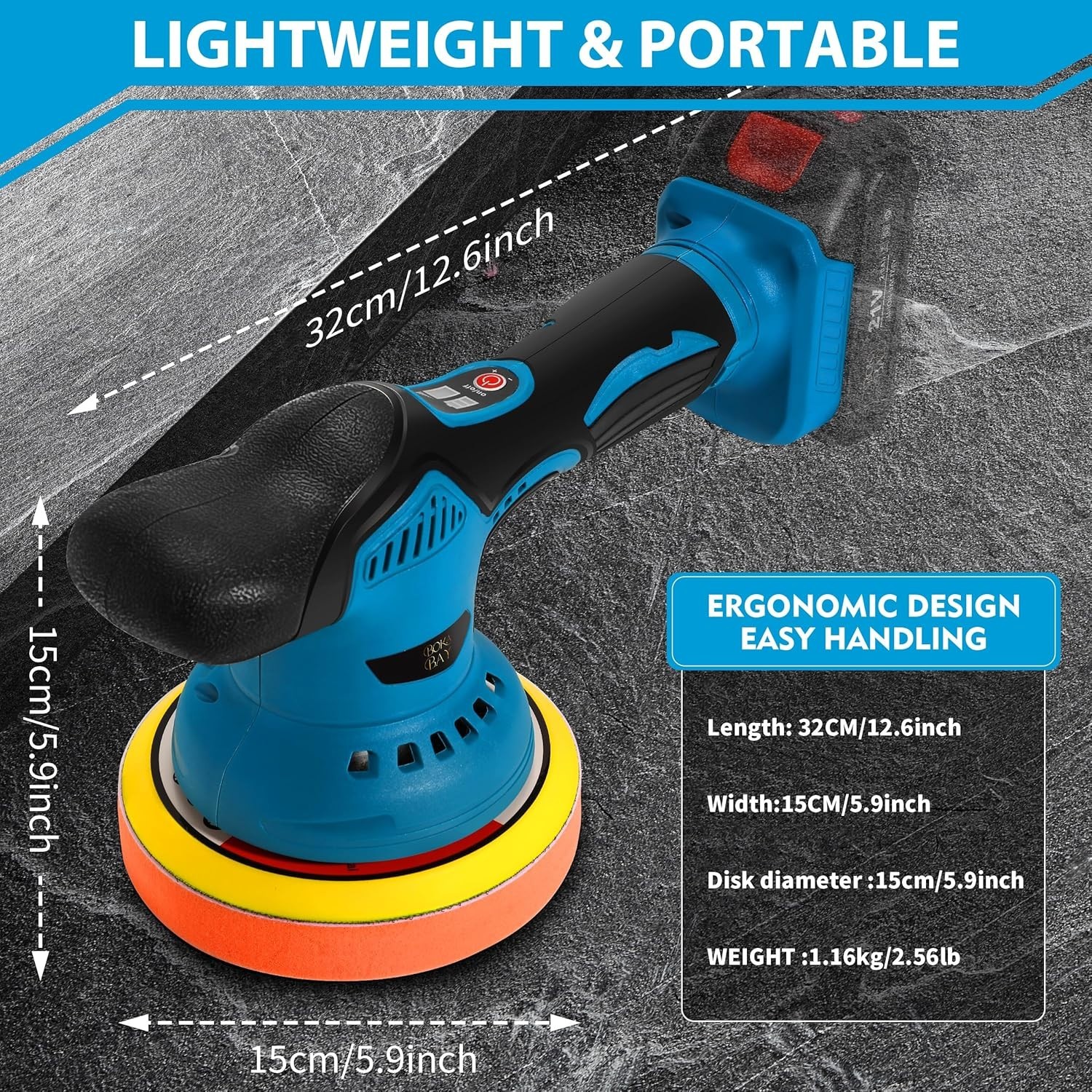 Cordless Car Buffer Polisher Kit 6 Inch with 21V 2x2000mAh & 9 Pcs Attachments