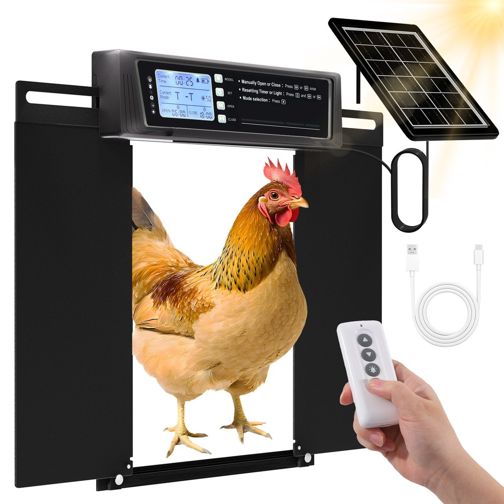 Automatic Chicken Coop Door Solar Powered W/Light Sensor & LED Screen Horizontal