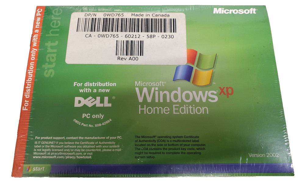 Microsoft Windows XP Home Edition for Distribution with Dell Version 2002 Sealed