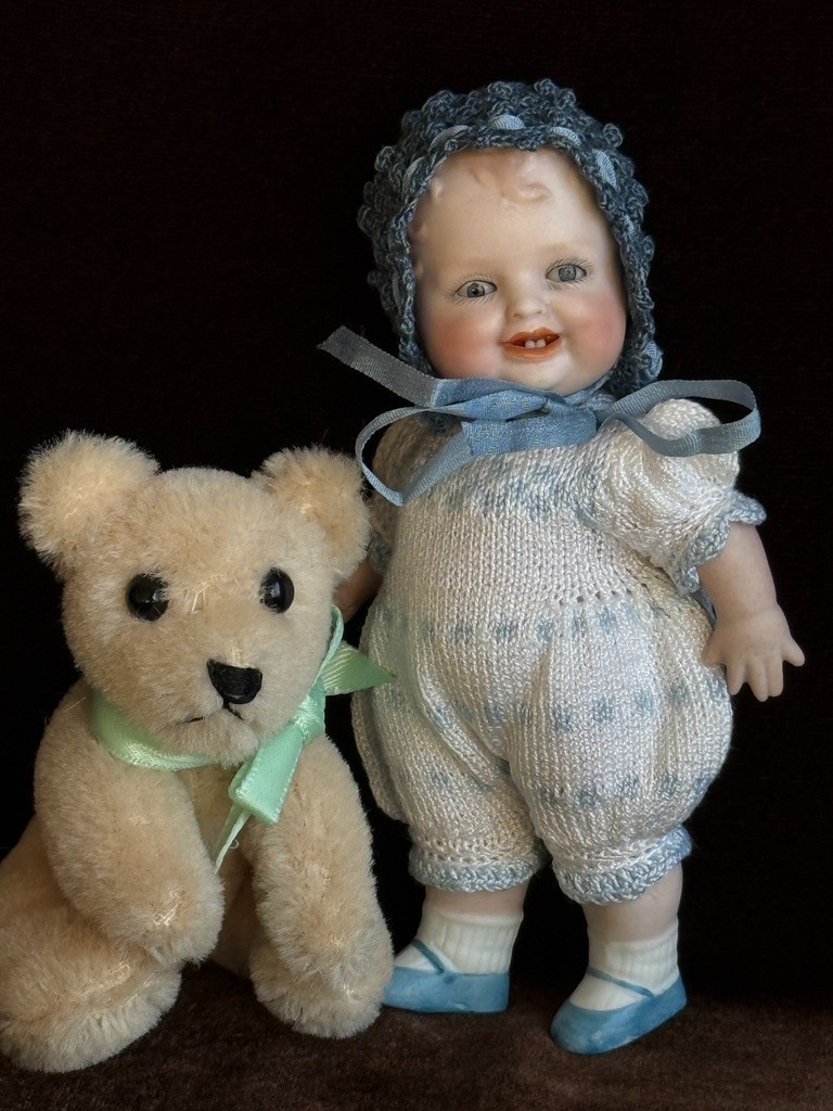 Antique German 4.5" All Bisque Georgene Averill Bonnie Babe Sleepy Eye Baby Doll