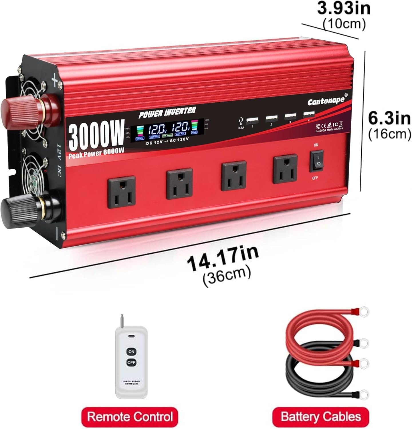 Used CANTONAPE 3000W Power Inverter 12V to 110V/120V DC to AC LCD Display