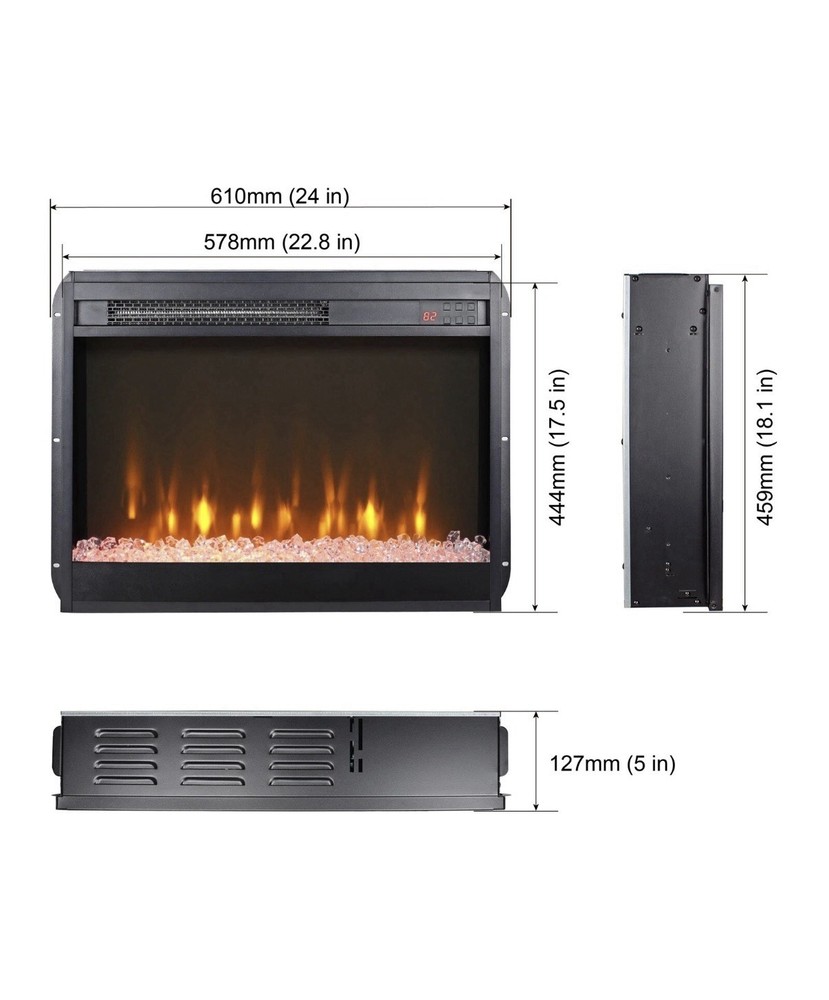 23" Electric Fireplace Insert with Remote Crystal Realistic Flame Timer Heater