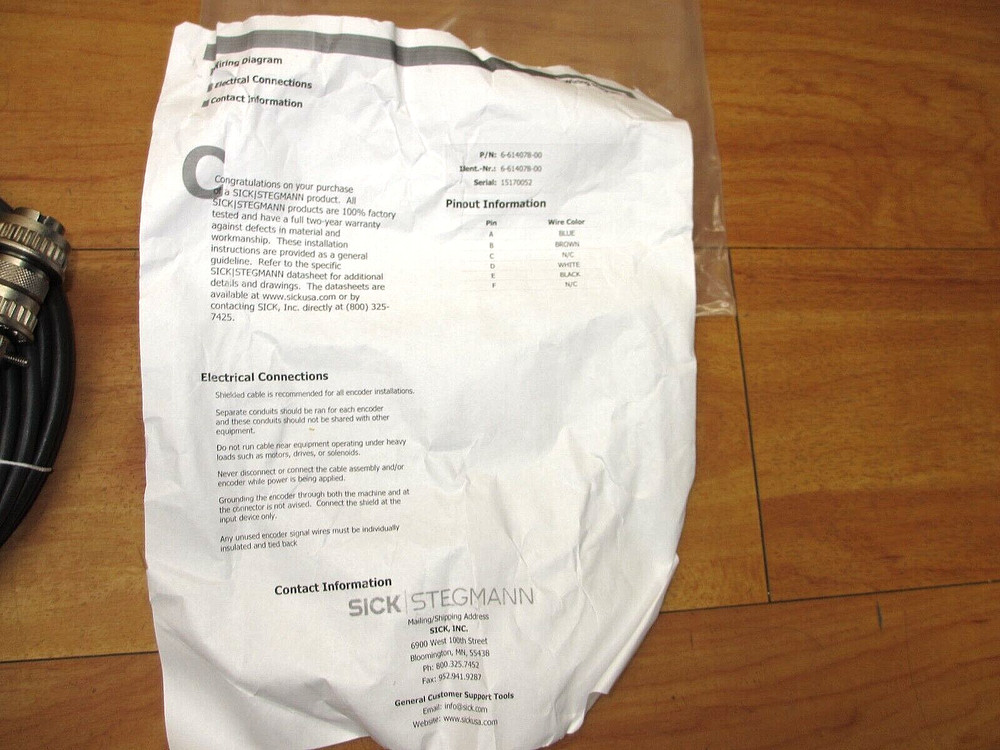 Sick 6-614078-00 *NEW* Encoder Cable Assembly Stegmann Cordset