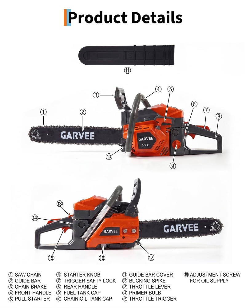 58cc Gas Powered Chainsaw, 2-Stroke Engine with Quick Start & Ergonomic Non-S...