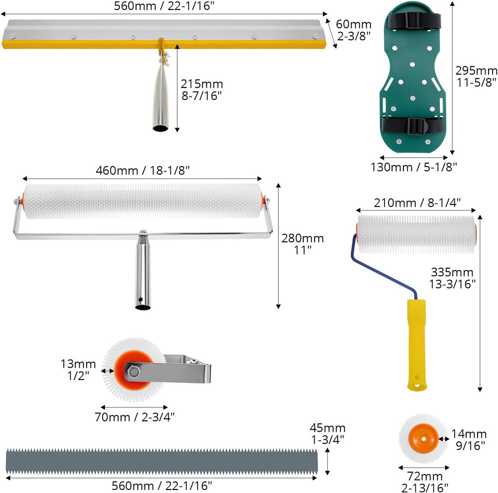 QWORK Self-Leveling Cement Tool Kit, 9" & 20" Spike Rollers with Scraper and Spi