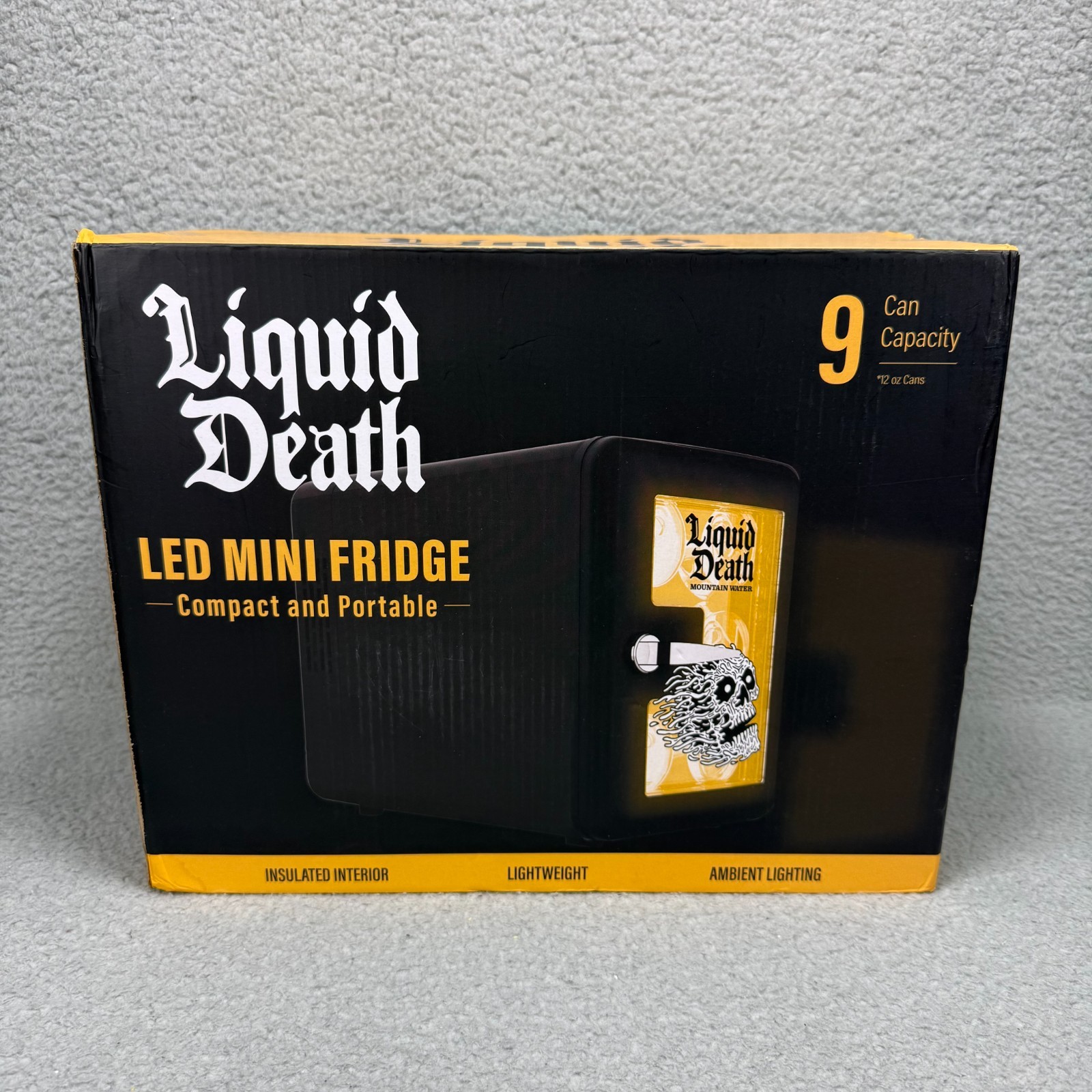 Liquid Death LED Mini Fridge 9 Can Capacity (12 oz) Portable Insulated Lighting