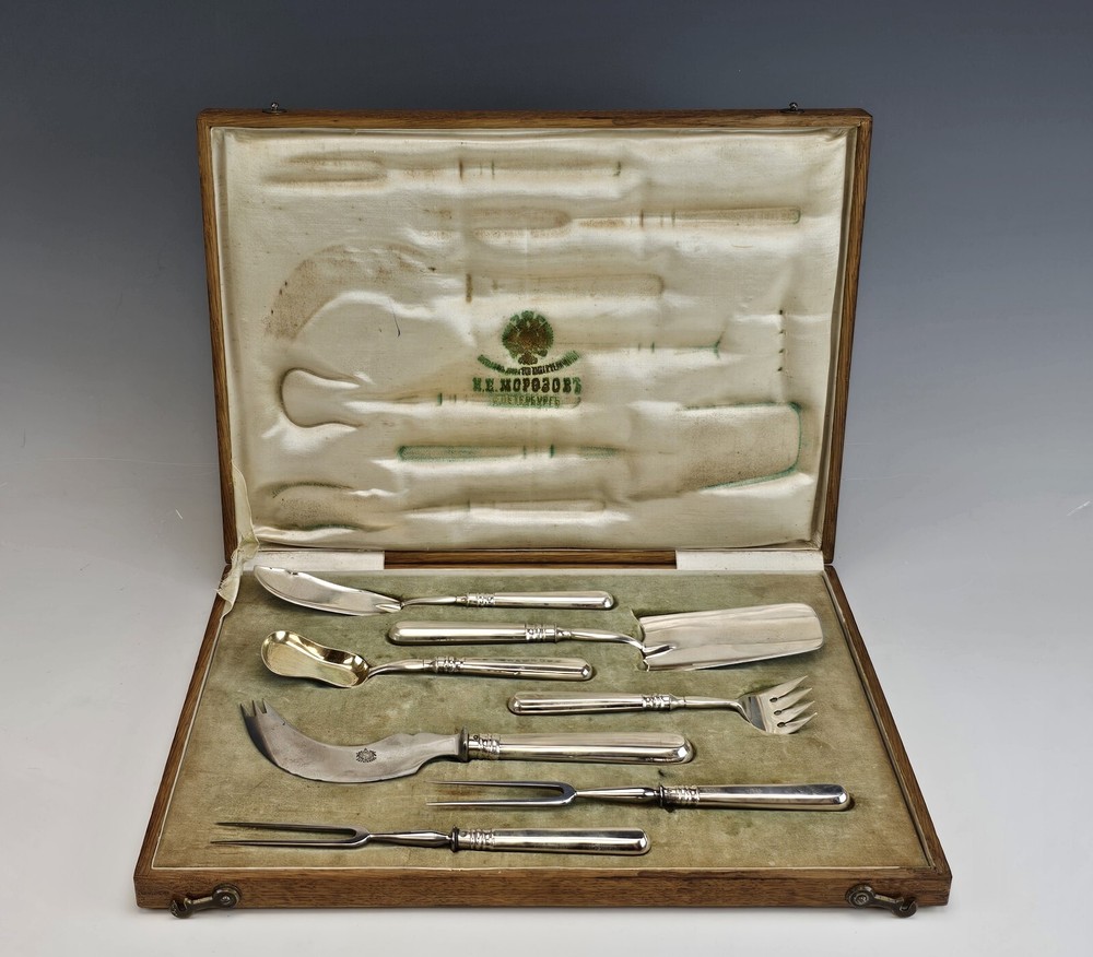19C Russian Silver Serving Set Box Morozov