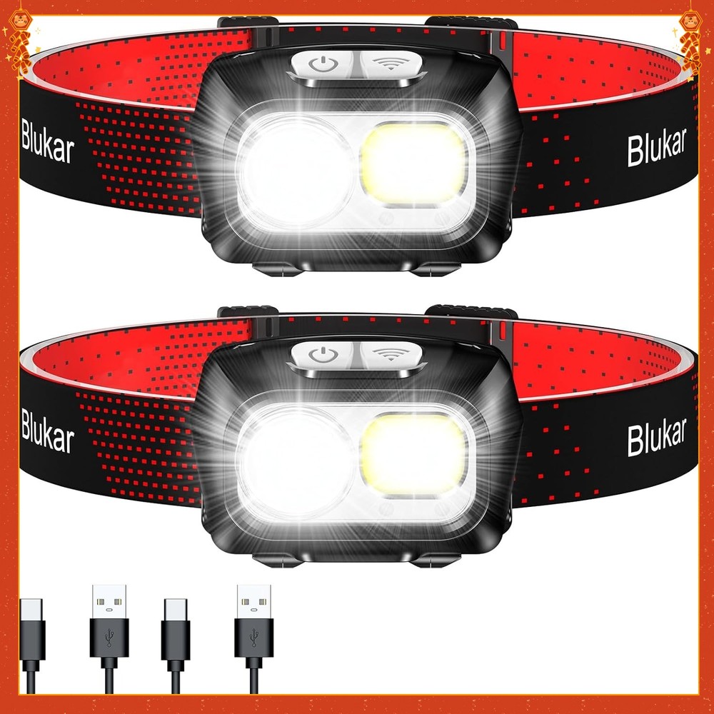 LEDRechargeable 2000L Ultra-Bright Adjustable Headlamp with Motion Sensor-2-Pack