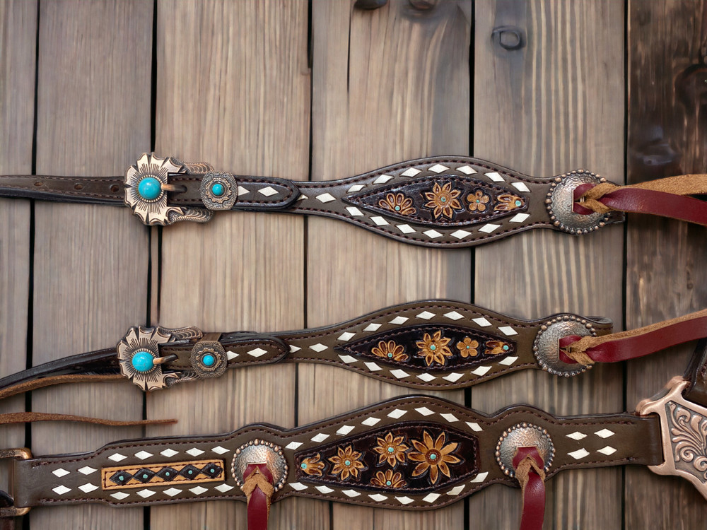 Leather Headstall Set Flower Carving Raw Hide Bridging and String Conchos MOUSM