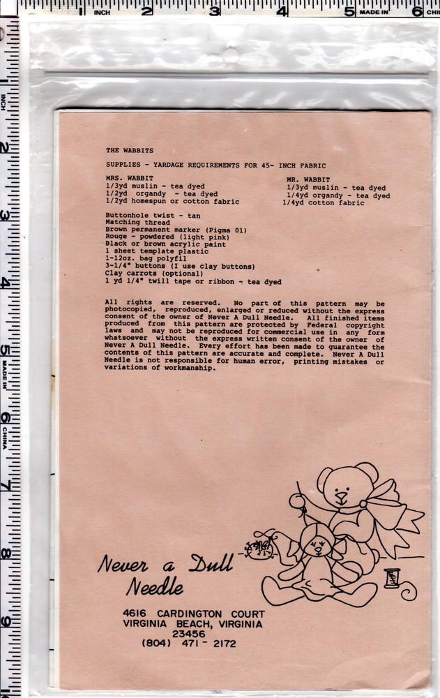 Never a Dull Needle Sewing Craft Dollmaking Pattern "The Wabbits" 15" Dolls