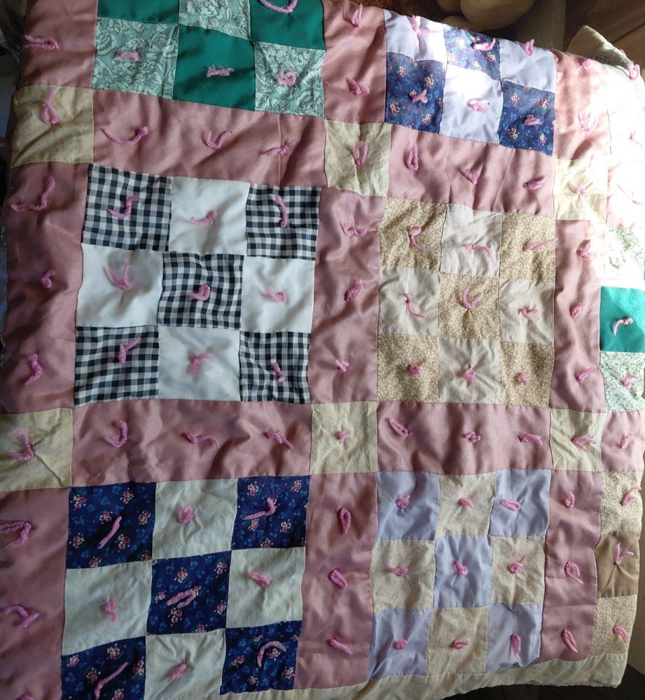 Handmade Child Tie Quilt 40"x53" Patchwork Square Blanket multicolor
