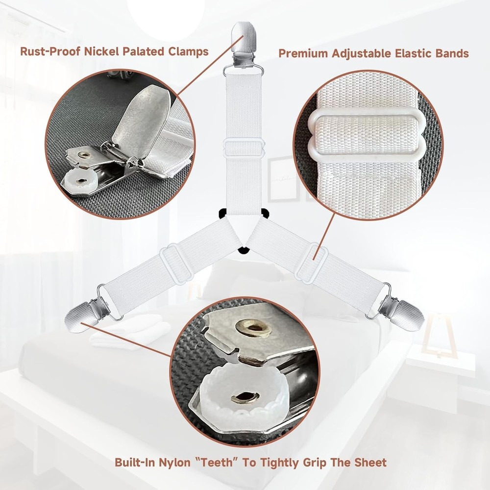 Fitted Bed Sheet Straps - 4-Pc Non-Slip Clips for Secure Bedding & Easy Install