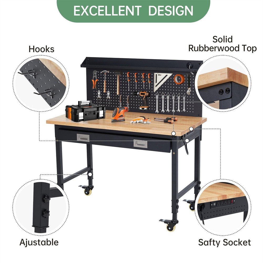 😸48" Work Benches for Garage Adjustable Workbench with Wheels Pegboard Drawer