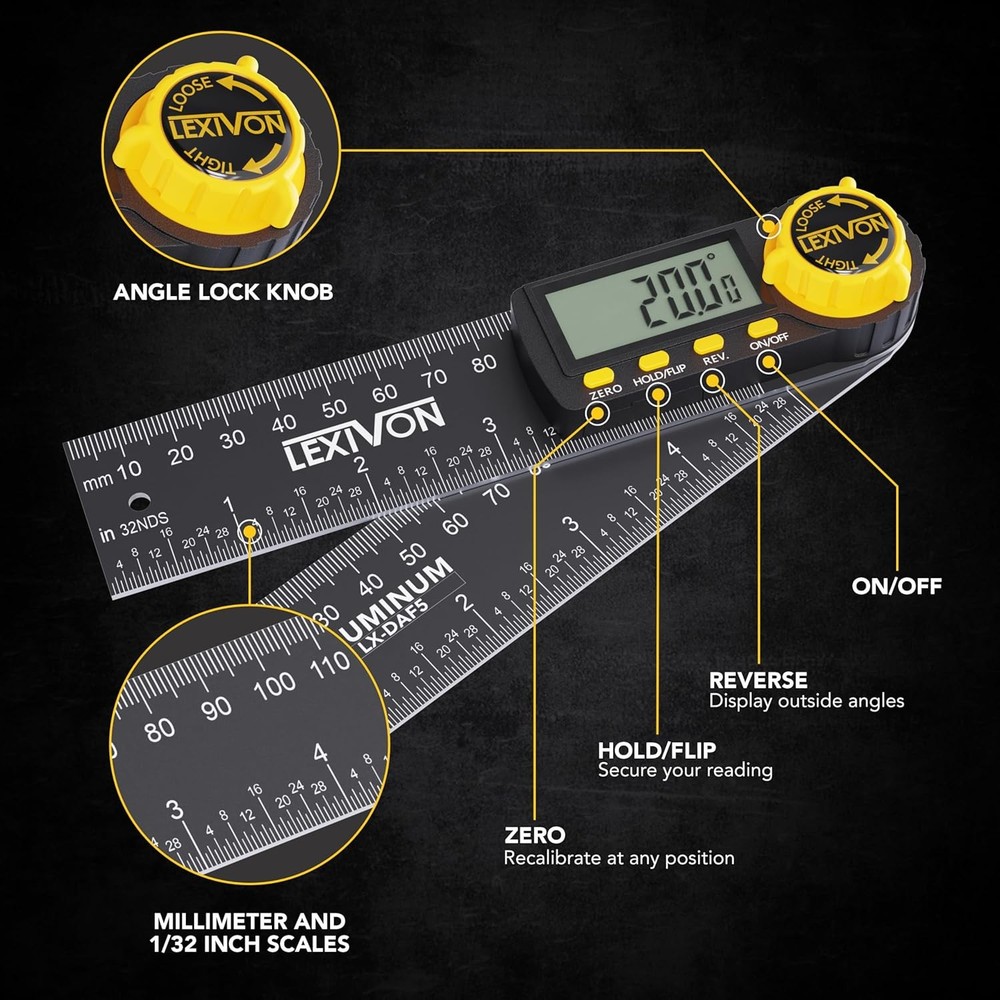 LEXIVON Digital Angle Finder 5" Aluminum Protractor XL Display w/ Pouch