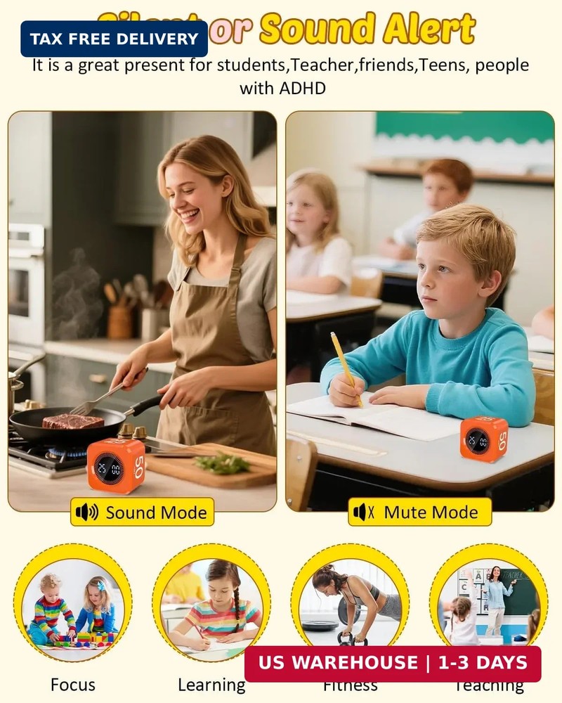 Digital Pomodoro Timer Cube 5/10/25/50min, Visual Productivity Flip Timer for Ki