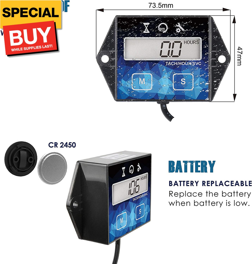 Small Engine Hour Meter, Digital Tachometer, Maintenance Reminder, Battery Repla