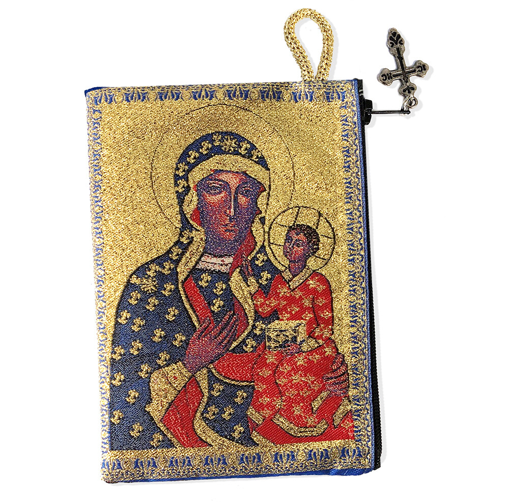 Czestochowa Icon Tapestry Keepsake Rosary Prayer Bead Pouch - 2 Sided W Cross