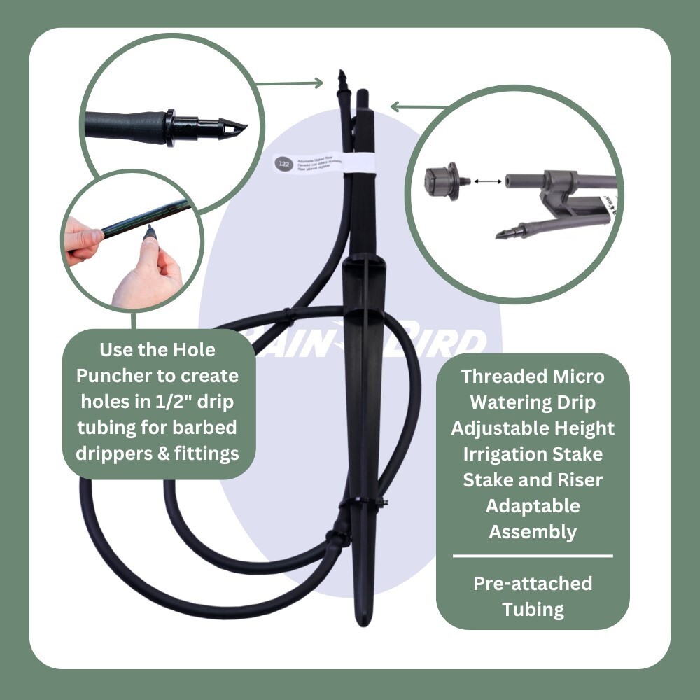8 RainBird Adjutable Watering Drip Irrigation Stake on Riser w Umbrella Bubblers